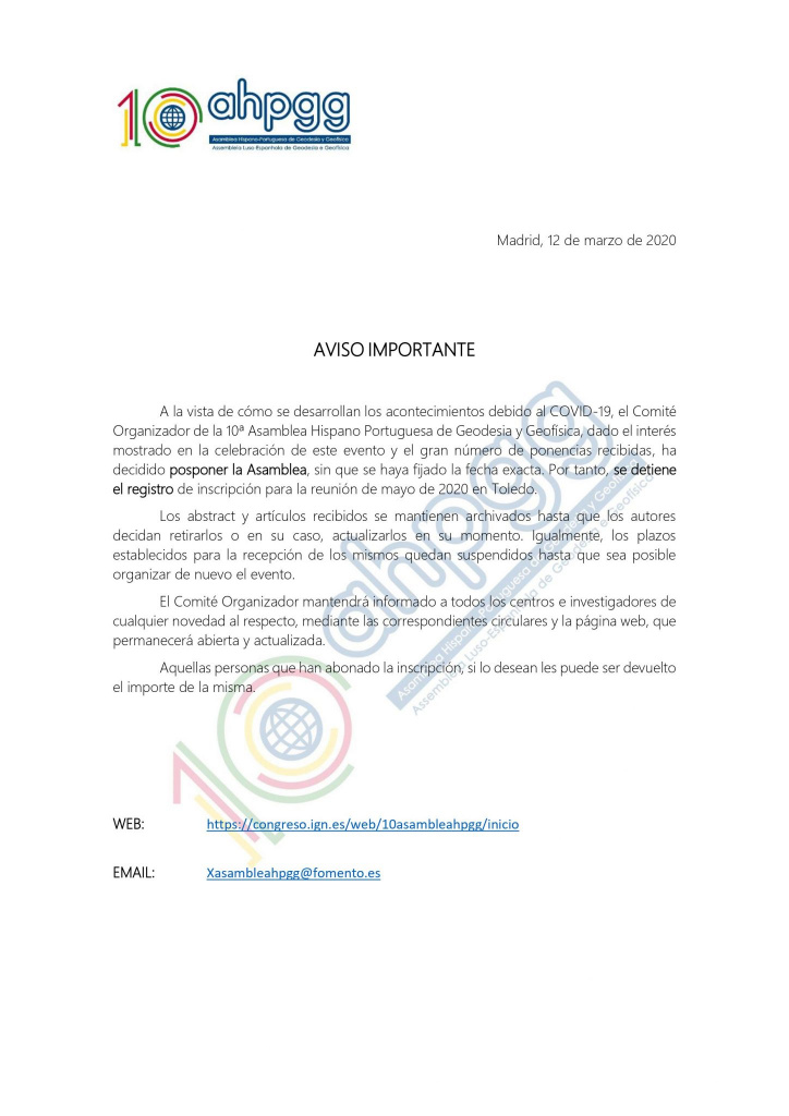 10th Spanish-Portuguese Assembly of Geodesy and Geophysics postponned