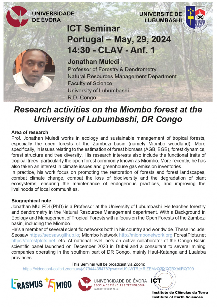 29 de maio, 14:30h, CLAV - Anf1: ICT Seminar Research activities on the Miombo forest at the University of Lubumbashi, DR Congo